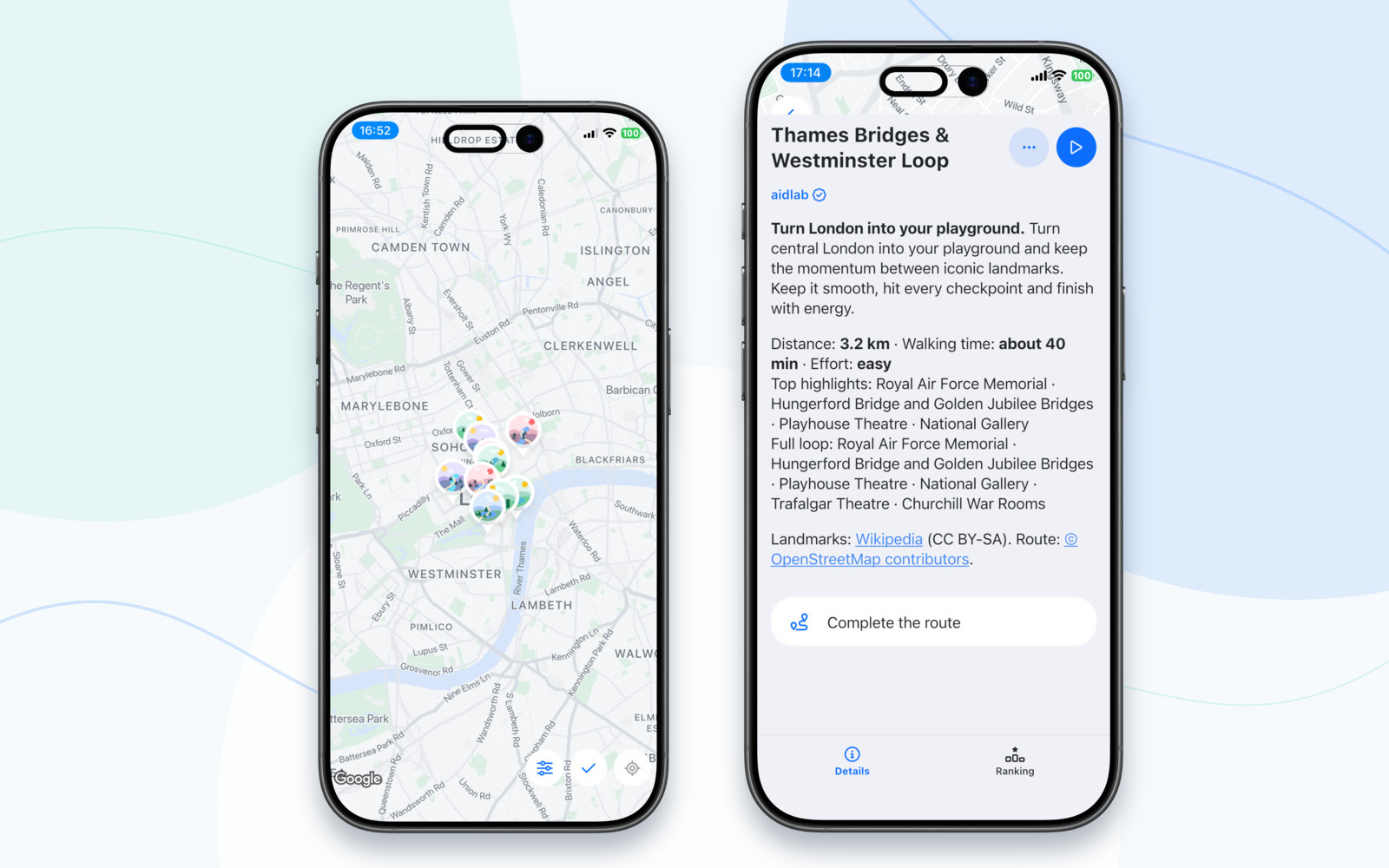 Aidlab Challenges map and selected city routes shown in iPhone 17 frames