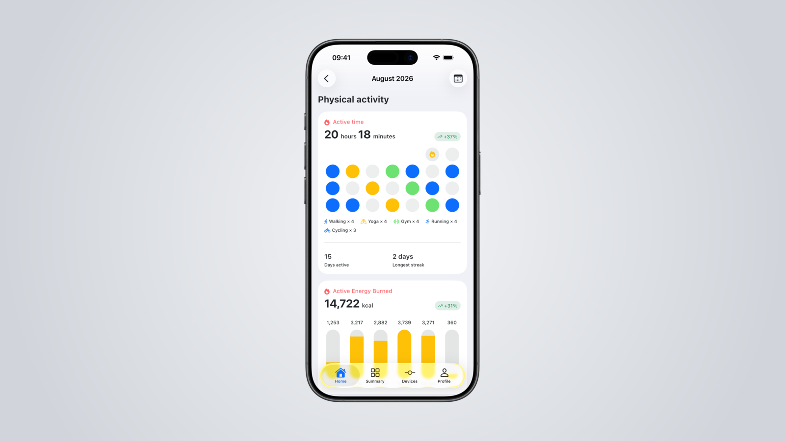 Aidlab monthly summary screen with synthetic activity data for August 2026