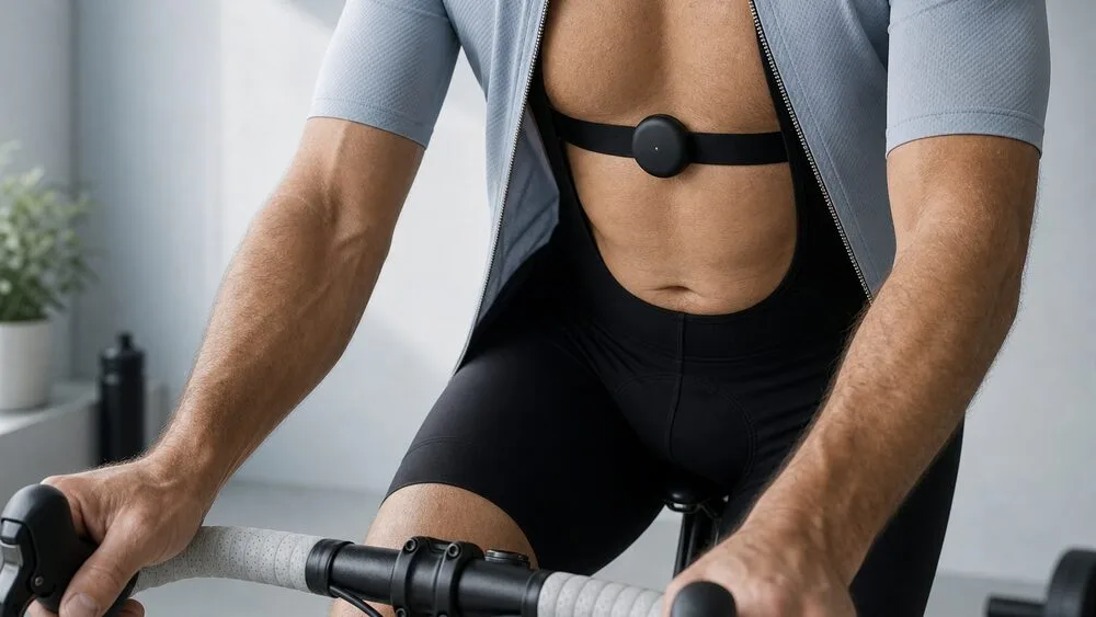 Aidlab 1 worn on an electrode chest strap while cycling indoors