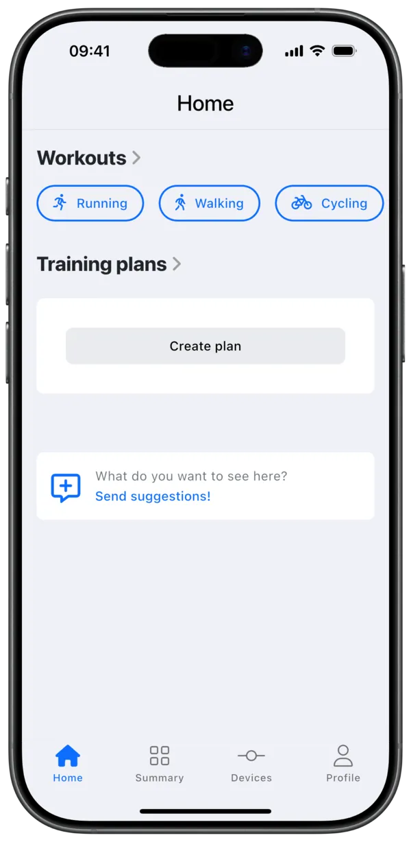 Home tab showing Training plans and Bodyweight Workouts card